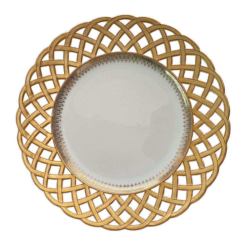 Single antique Charles Pillivuyt French porcelain plate with pierced lattice border and gold accents