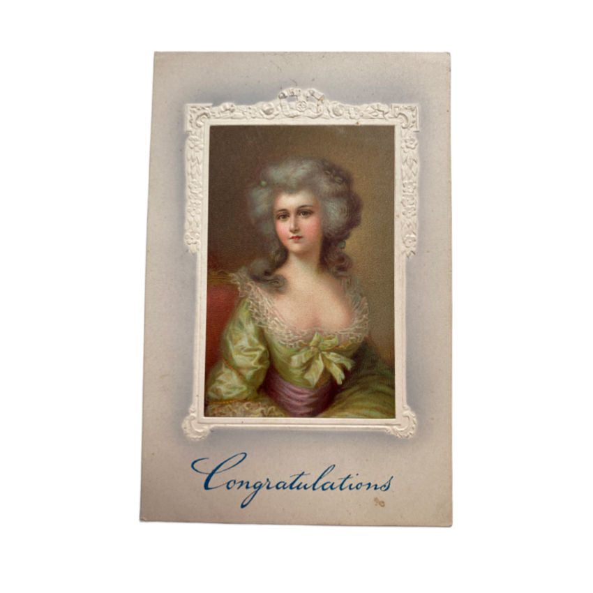 Unused Antique Chromolithograph Portrait Lady in Green Postcard 17th century French portrait