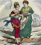 Detail of hand painted figures on antique French faience plate showing romantic classical scene