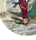 Close-up of signature on polychrome decoration and fine hand painted detailing on antique faience plate