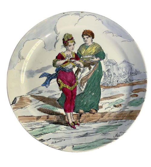 Antique 19th century French faience plate with hand painted romantic figural scene in polychrome tones
