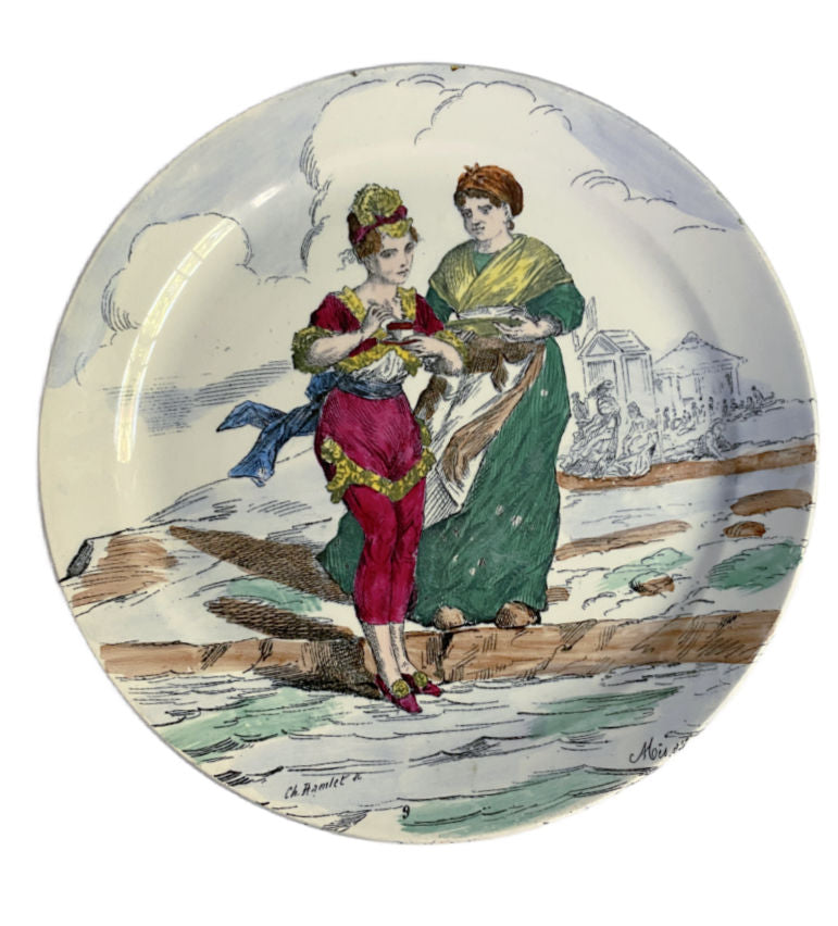 Antique 19th century French faience plate with hand painted romantic figural scene in polychrome tones