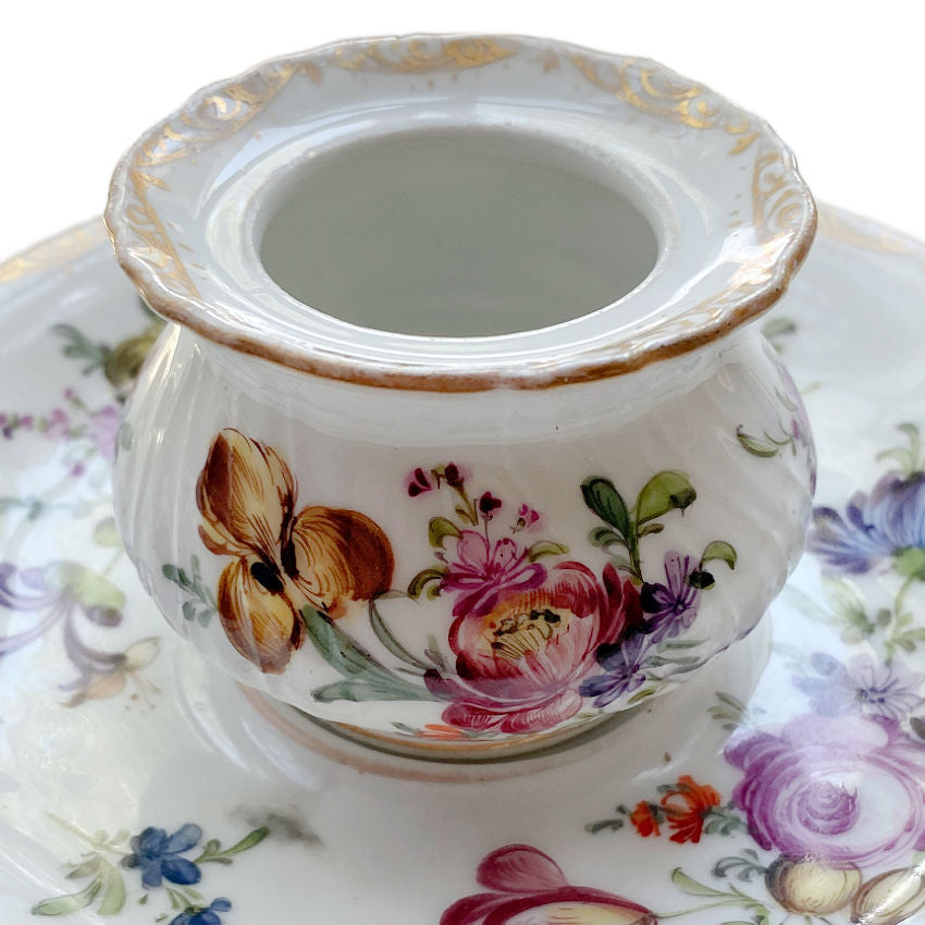 Antique Dresden Hand Painted Floral Ink Well and Underplate