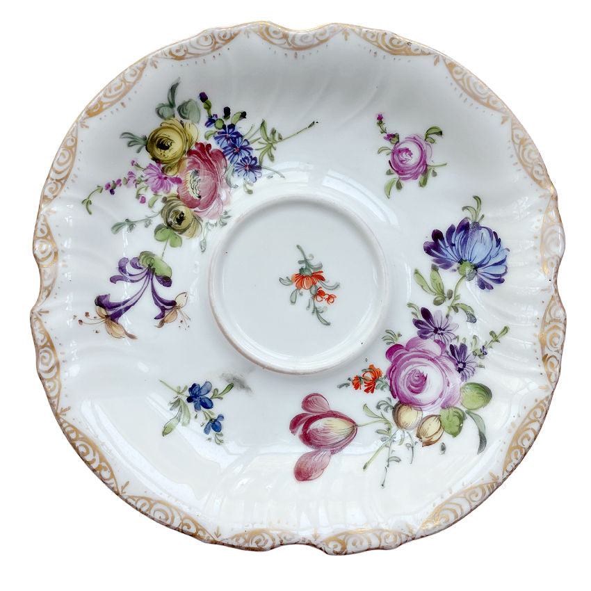 Antique Dresden Hand Painted Floral Ink Well and Underplate