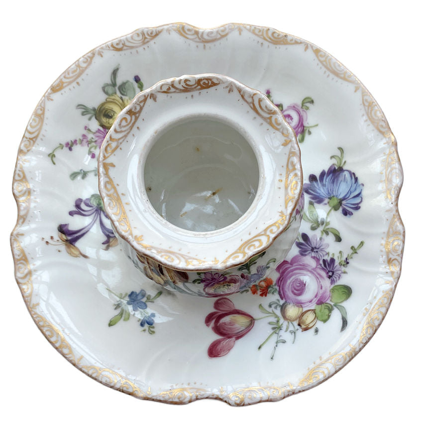 Antique Dresden Hand Painted Floral Ink Well and Underplate