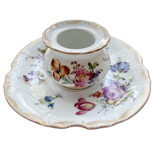 Antique hand painted Dresden ink well and under plate roses