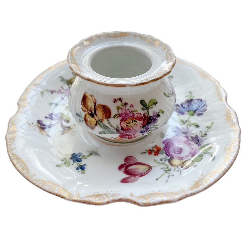 Antique hand painted Dresden ink well and under plate roses