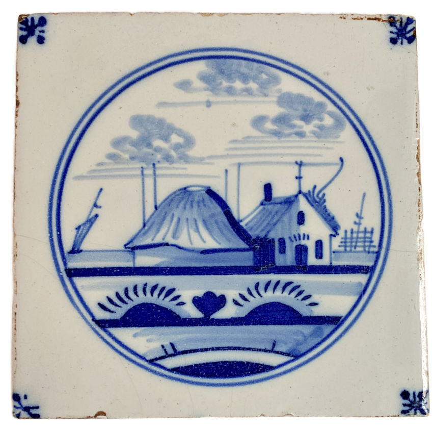 Antique Delft tile, 18th century, Dutch Delft Blue, hand-painted tile, canal scene, boat scene, collectible tile, cobalt blue, decorative tile, luxury interior decor, FrenchGardenHouse style, historical tile