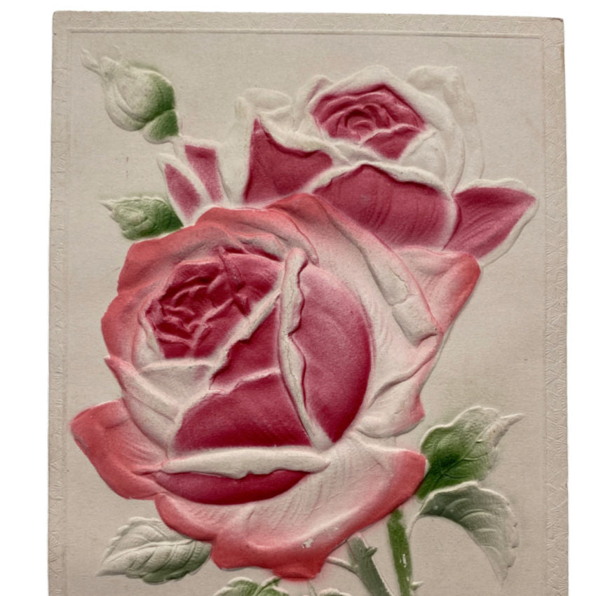 Antique Embossed Pink Rose Birthday Postcard