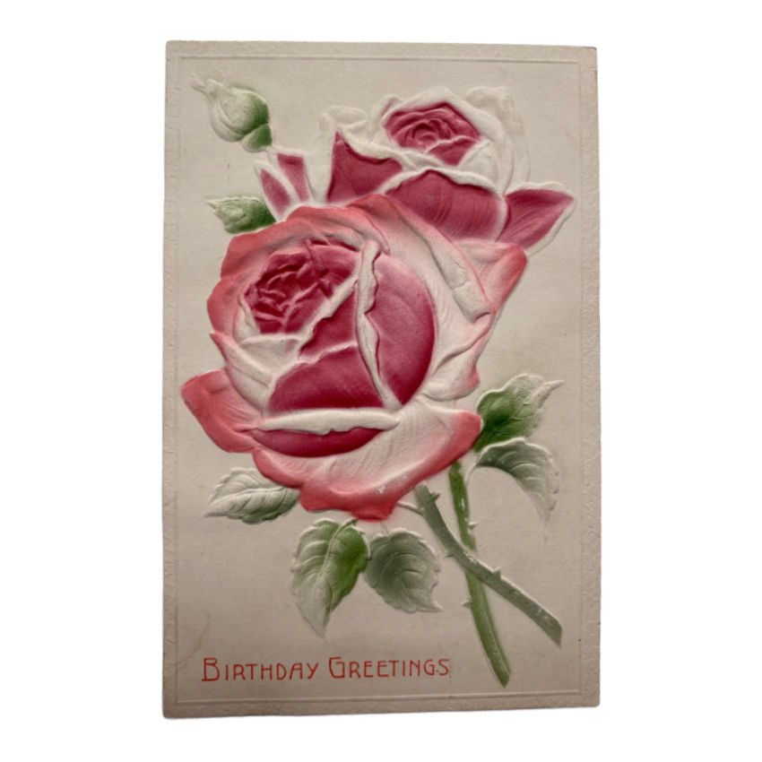 Antique Embossed Pink Rose Birthday Postcard