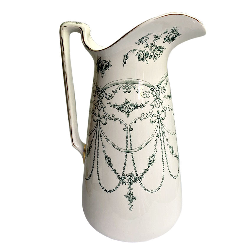 A rare color Empire pattern Royal Ironstone pitcher in teal green, showcasing elegant 19th-century English tableware, perfect for collectors and decorative display.