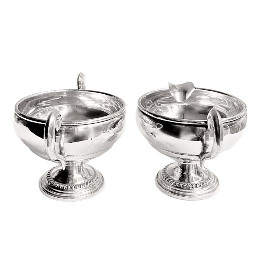 Antique Empire Silver Co. weighted mini creamer and open sugar bowl, Pattern #22, collectible early 20th-century American silver with charming patina, elegant tabletop set