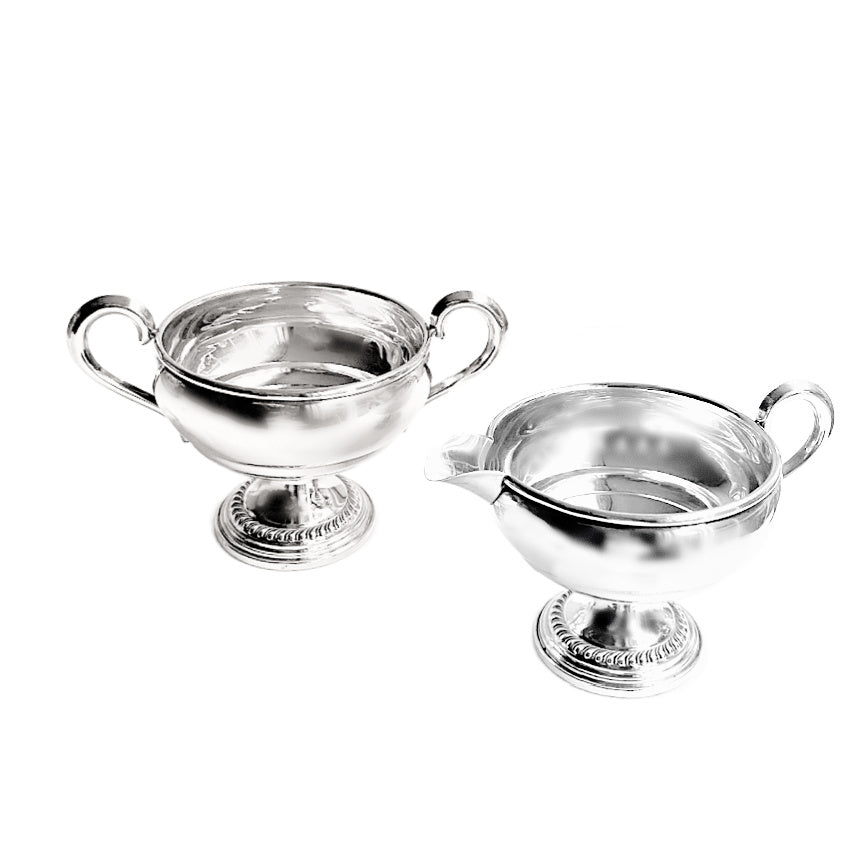 Antique Empire Silver Co. weighted mini creamer and open sugar bowl, Pattern #22, collectible early 20th-century American silver with charming patina, elegant tabletop set