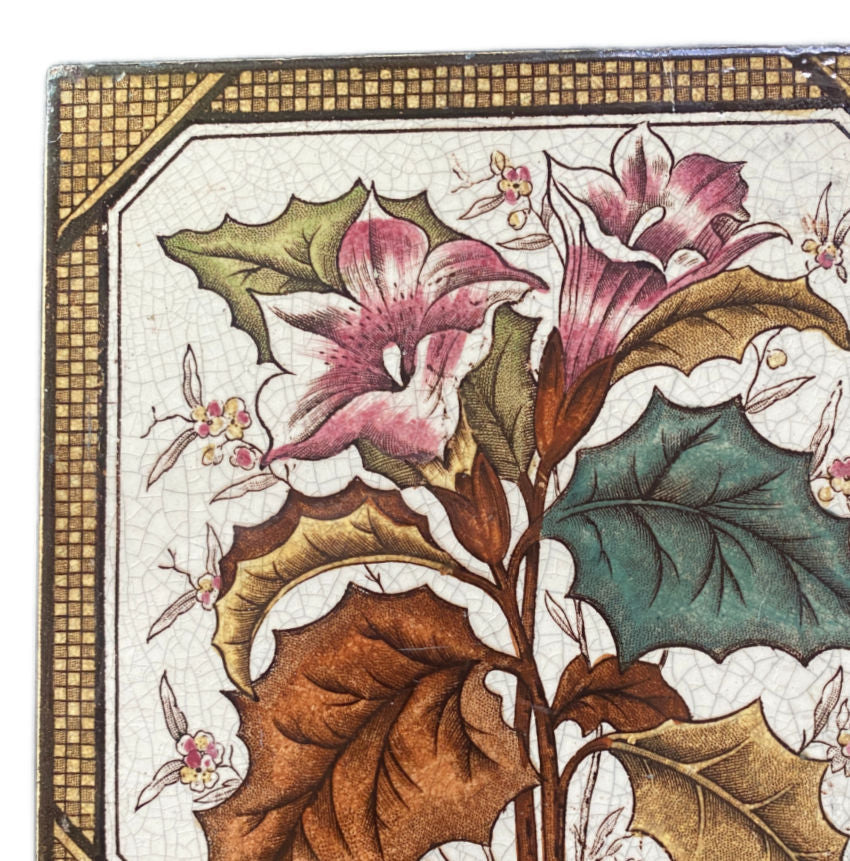 Antique English Aesthetic Staffordshire Polychrome Brown Transfer Tile