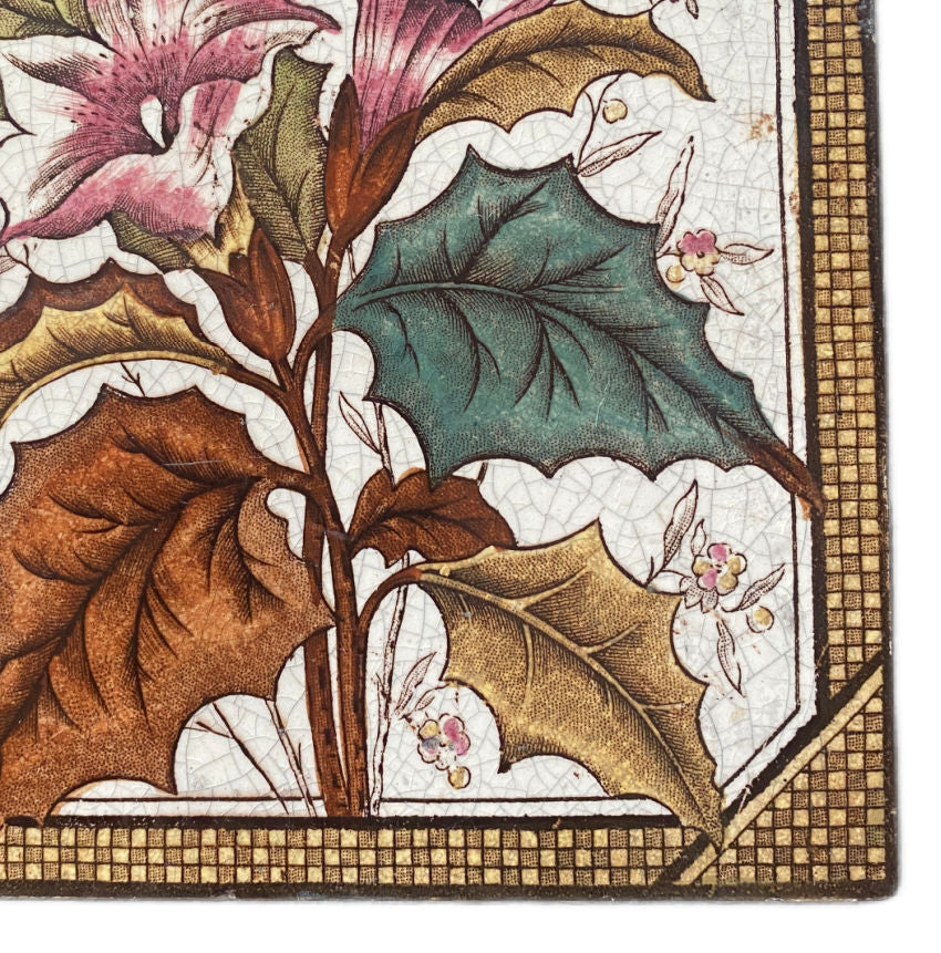 Antique English Aesthetic Staffordshire Polychrome Brown Transfer Tile