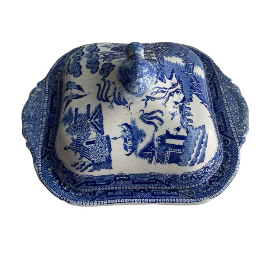 Antique English Blue Willow Transfer Ware Lidded Serving Dish
