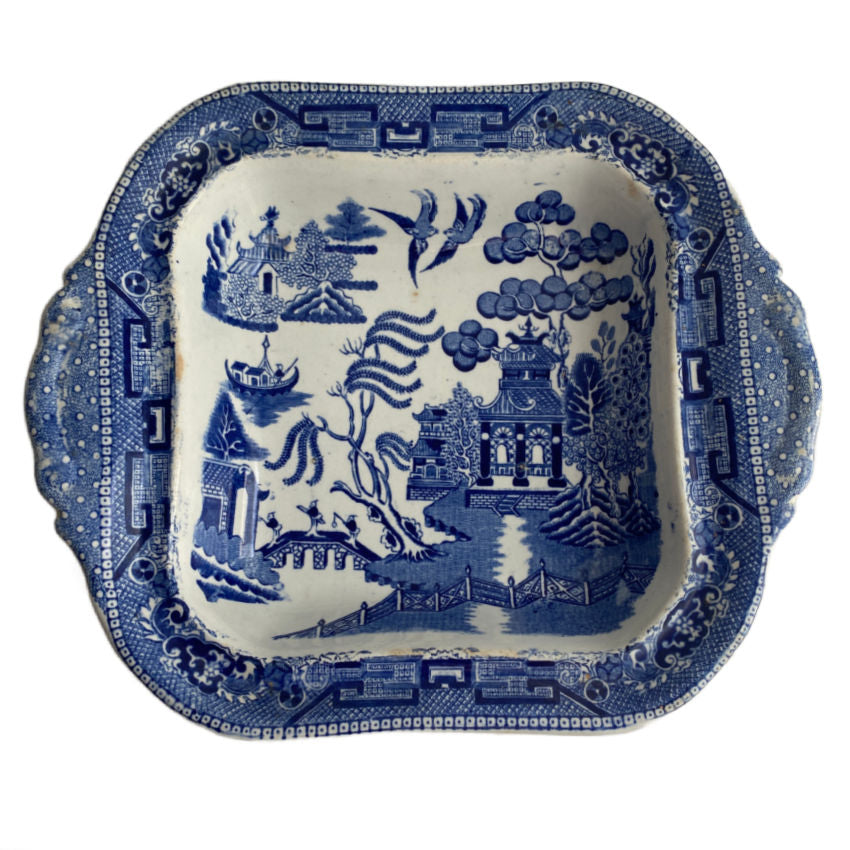 Antique blue and white Blue Willow serving dish with handles