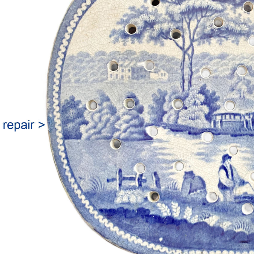 Early 1800s Nuneham Courtenay meat drainer, antique kitchenware, close-up of cobalt design repair