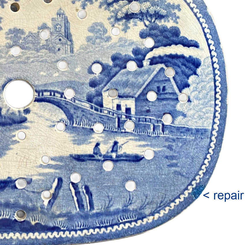 Rare antique English ironstone meat drainer, Nuneham Courtenay pattern repair detail