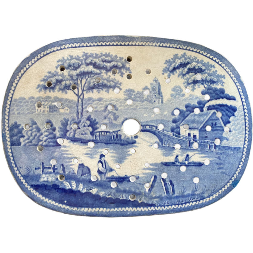 Antique English blue and white ironstone meat drainer, Nuneham Courtenay, c.1830, front view