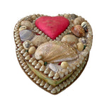 Antique English heart-shaped shellwork souvenir box with pink silk pincushion
