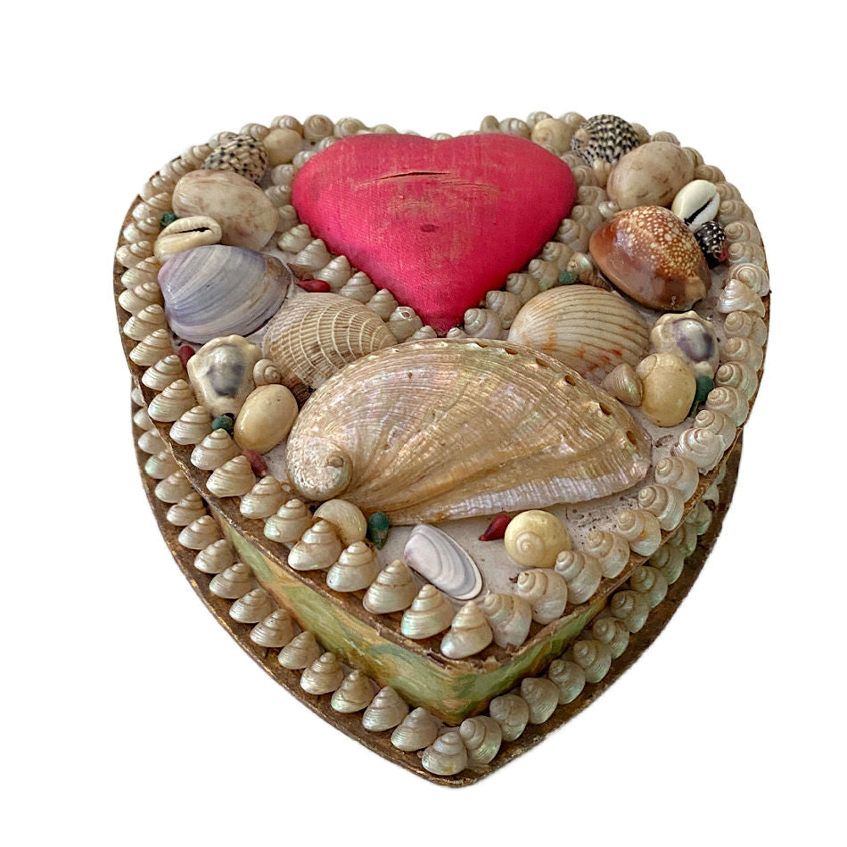 Antique English heart-shaped shellwork souvenir box with pink silk pincushion