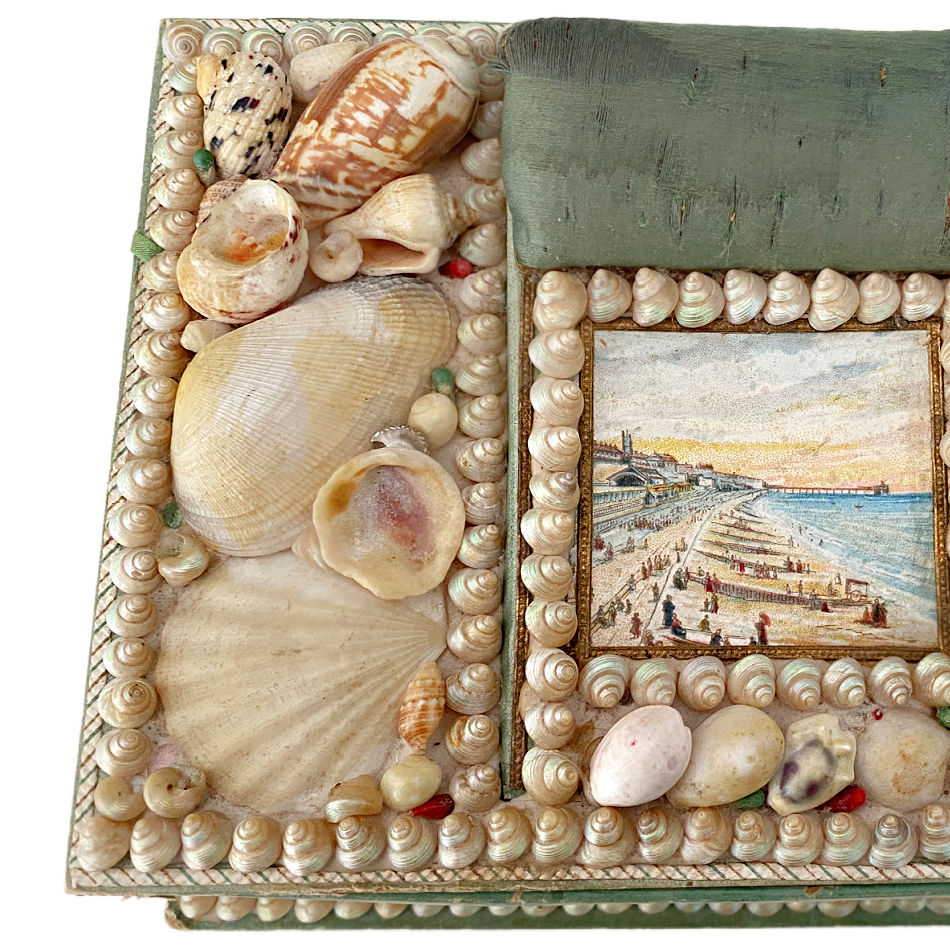 Antique English shellwork box with seaside chromolithograph