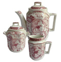 Complete Charles Allerton “Little Mae” Staffordshire tea set in red with teapot, sugar, creamer, plates, cups and saucers. Rare English collectible.