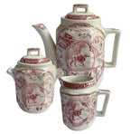 Complete Charles Allerton “Little Mae” Staffordshire tea set in red with teapot, sugar, creamer, plates, cups and saucers. Rare English collectible.