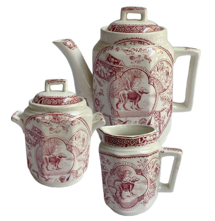 Complete Charles Allerton “Little Mae” Staffordshire tea set in red with teapot, sugar, creamer, plates, cups and saucers. Rare English collectible.