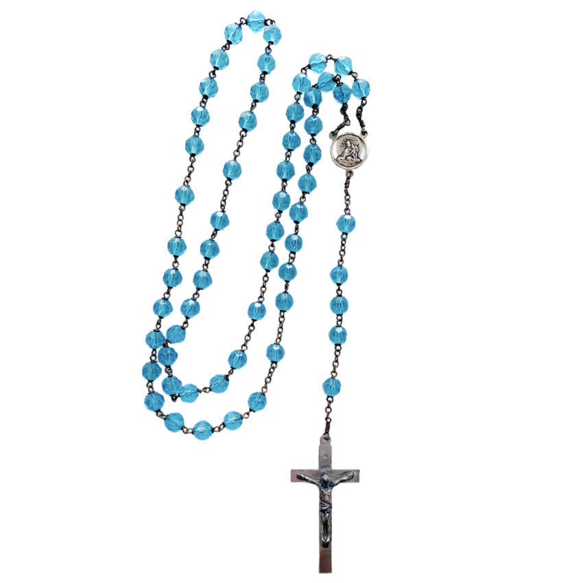 Antique French aquamarine glass rosary silver-tone cross beads