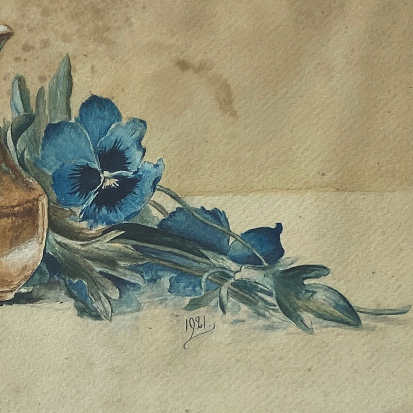 Antique French Art Deco Watercolor Still Life of Blue Pansies in Original Gilt Frame