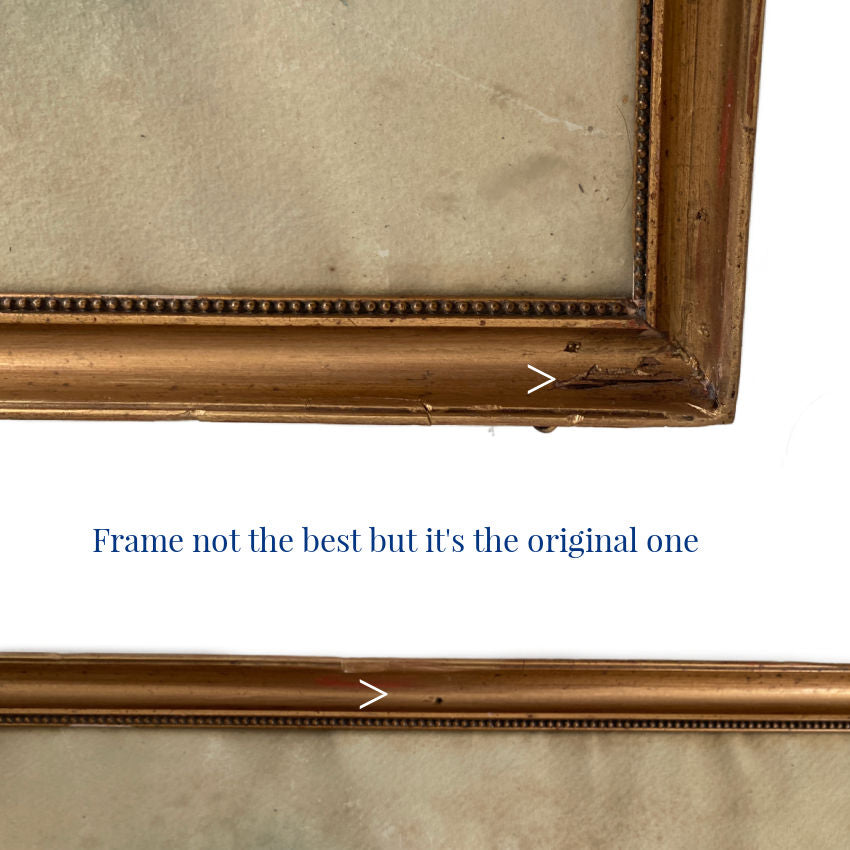 Antique French Art Deco Watercolor Still Life of Blue Pansies in Original Gilt Frame