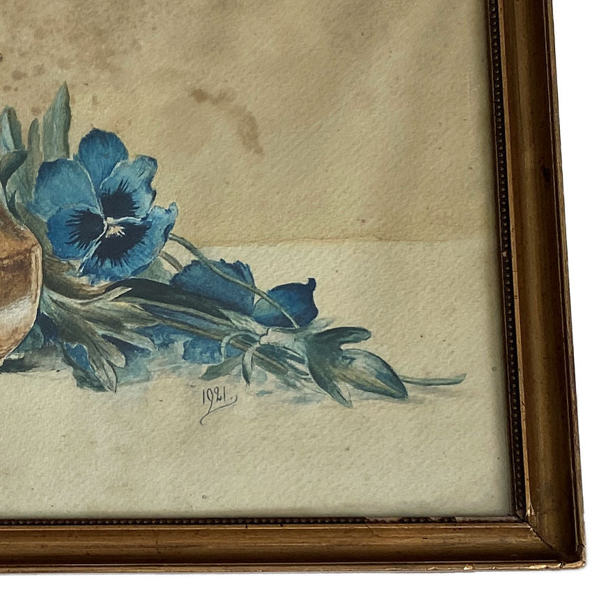 antique french watercolor, art deco still life, blue pansies painting, antique floral art, french art deco painting, original antique frame, antique wall art, french interior decor, watercolor still life, romantic french art