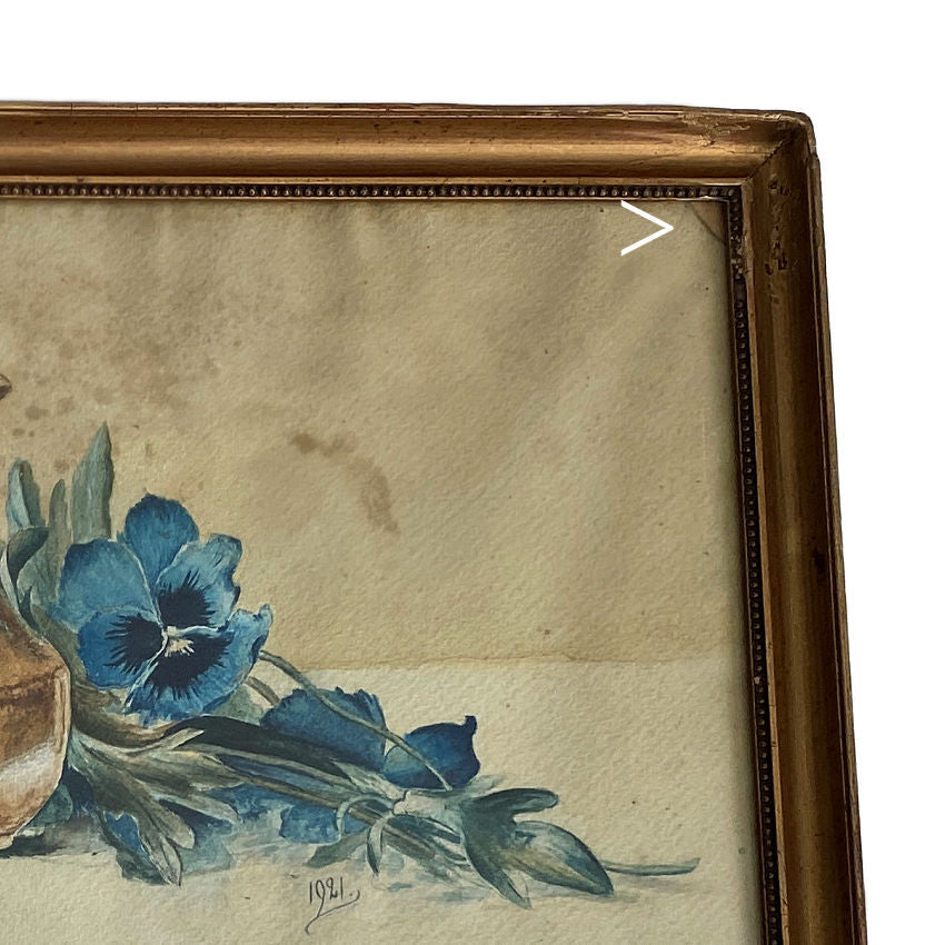 Antique French Art Deco Watercolor Still Life of Blue Pansies in Original Gilt Frame