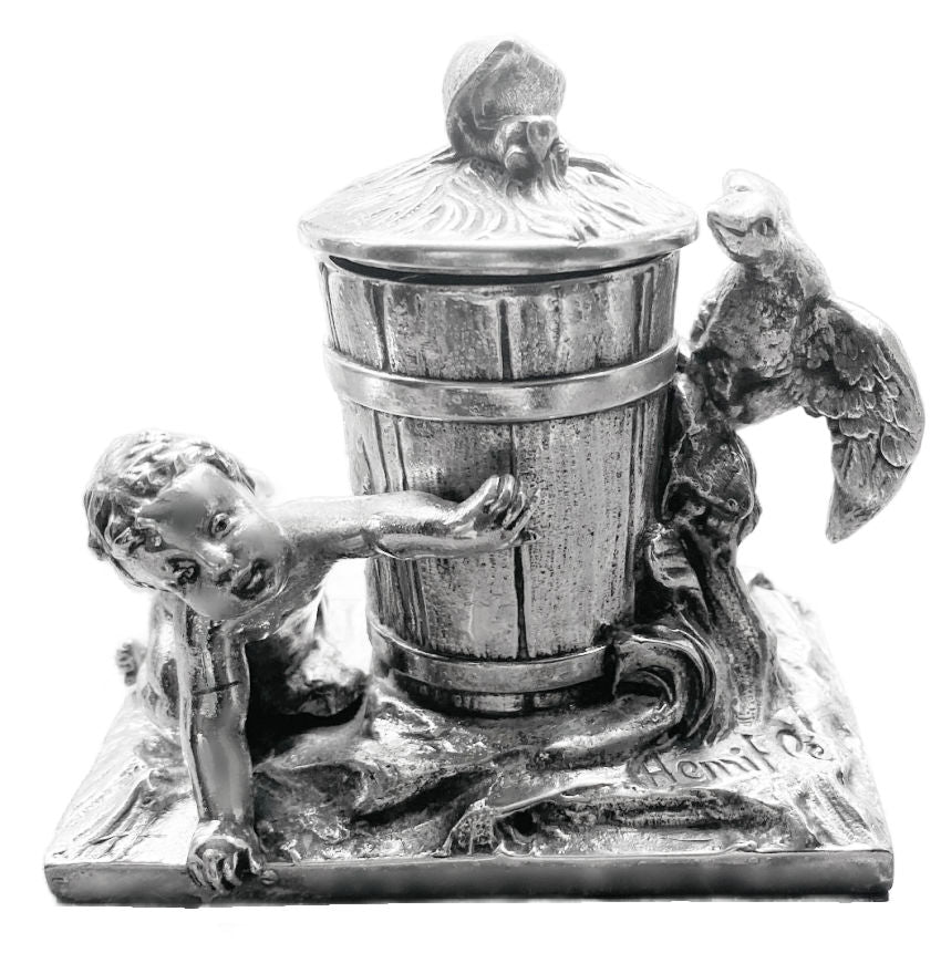 Antique French Art Nouveau figural silver plate inkwell with child and goose