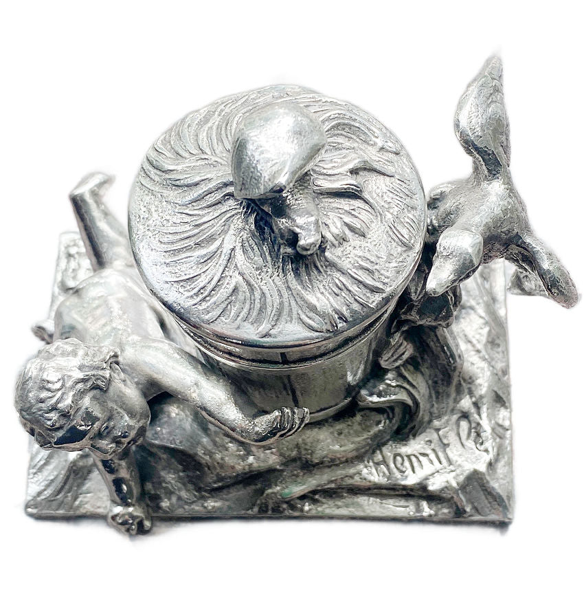 Antique French Art Nouveau Silver Plated Figural Ink Well Signed