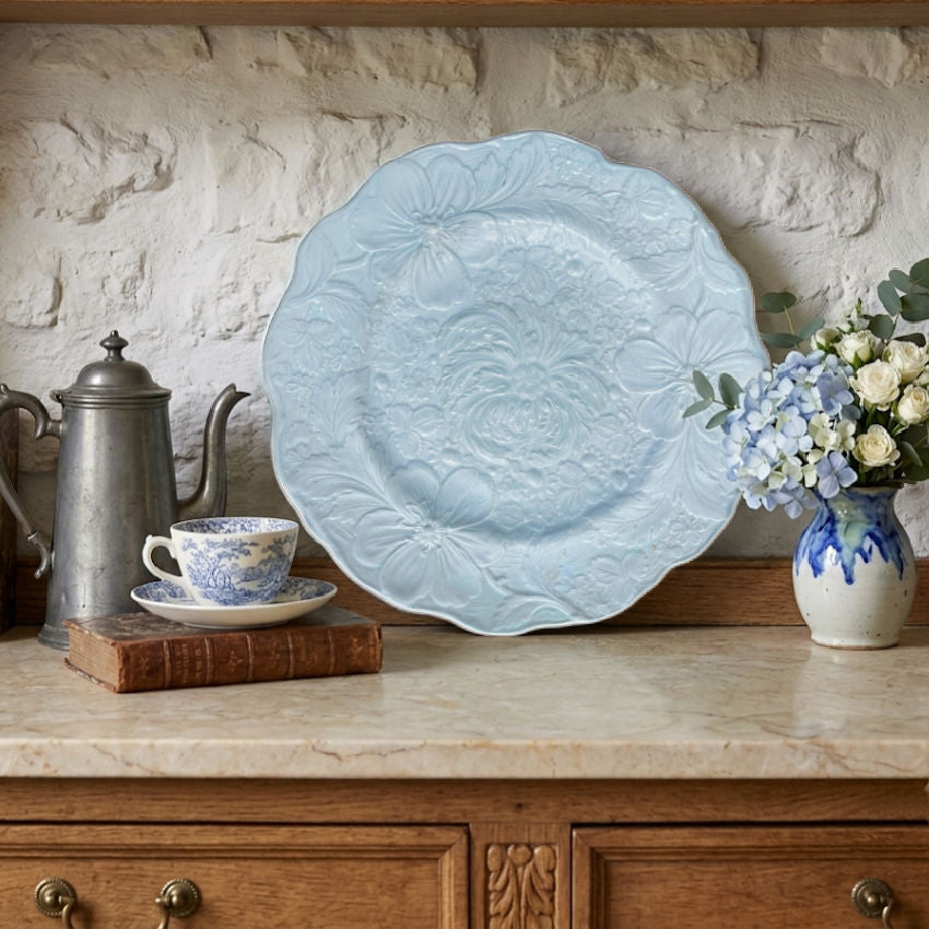 Antique French barbotine floral plate blue glaze in French Country buffet with hydrangeas