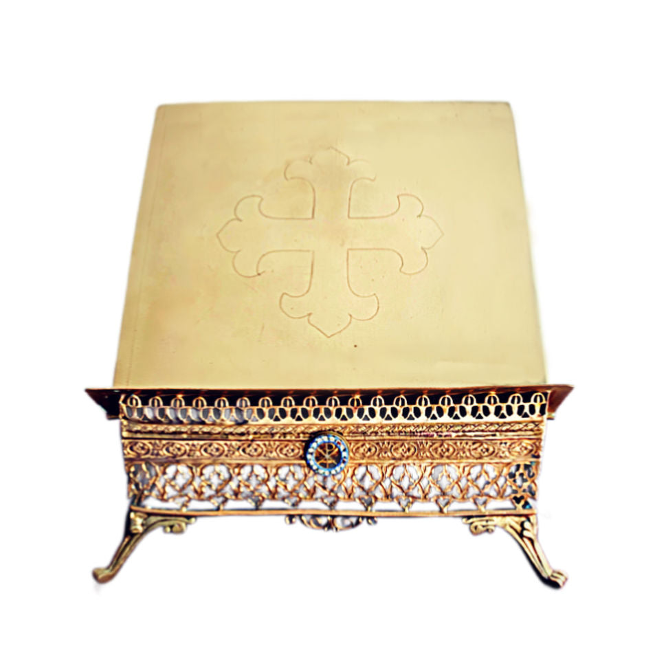 19th century French Napoleon III gilt brass Bible stand with engraved cross and Gothic floral detailing