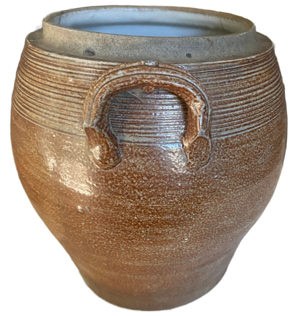 antique brown glaze ceramic confit pot applied handle detail