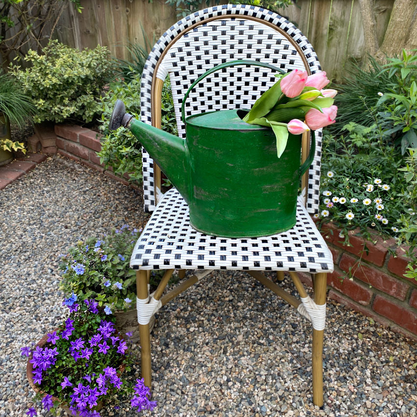 Antique French green painted metal watering can with original spout, showing signs of wear and patina.