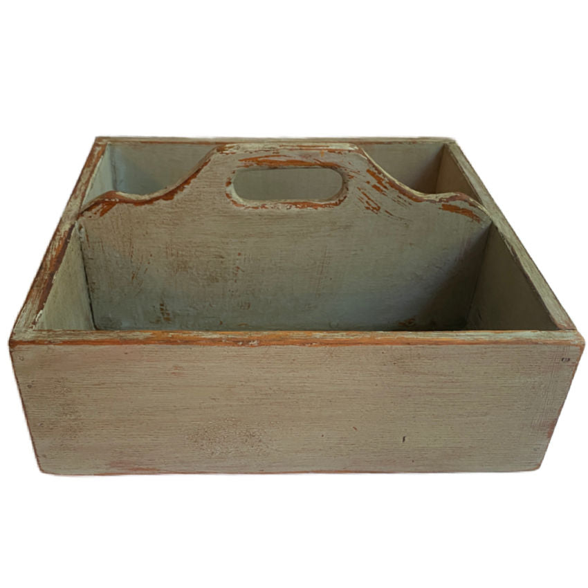 Antique French Country wooden work box with mellow green painted surface and aged patina, beautiful handle detail