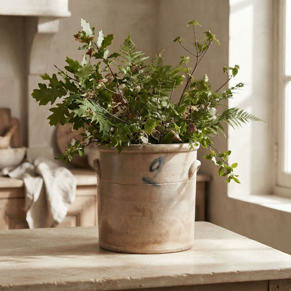 Antique French Country stoneware storage crock with branches in a country kitchen