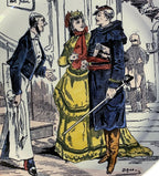 Detail of elegantly dressed couple and satirical food scarcity scene, rich in historical charm.