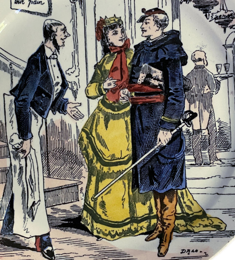 Front view of 19th-century Creil-Montereau faience plate depicting satirical scene of food shortages during the 1870–1871 Siege of Paris.