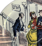 Close-up of polychrome transferware highlighting playful restaurant sign and waiter in historical illustration.