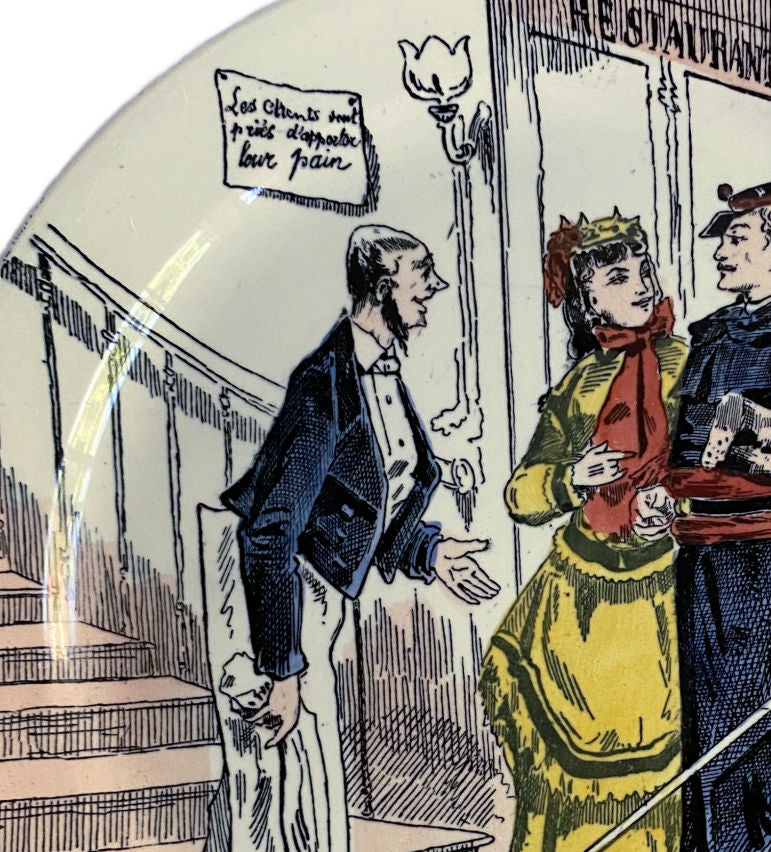Close-up of polychrome transferware highlighting playful restaurant sign and waiter in historical illustration.