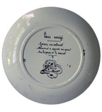 Back signed view antique French assiette parlantes" {talking plate} with elegantly dressed couple and satirical food scarcity scene, rich in historical charm.