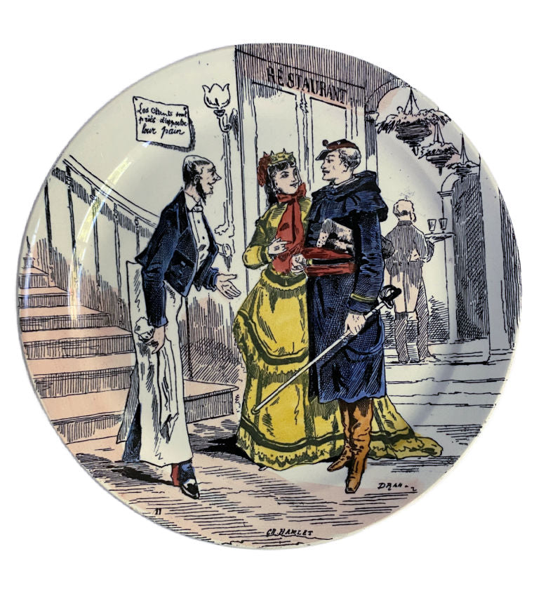 Front view of 19th-century Creil-Montereau faience plate depicting satirical scene of food shortages during the 1870–1871 Siege of Paris.