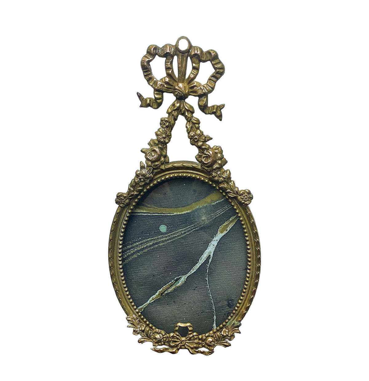 Antique French Empire style hanging picture frame with ornate decorative elements, featuring a convex glass cover.